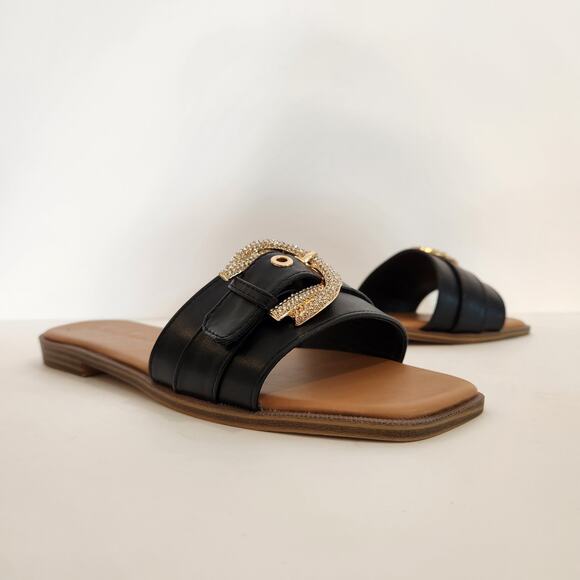 WILD DIVA LOUNGE Black Gold Faux Leather Crystal Embelished Buckle Womens 8.5 - Picture 1 of 12